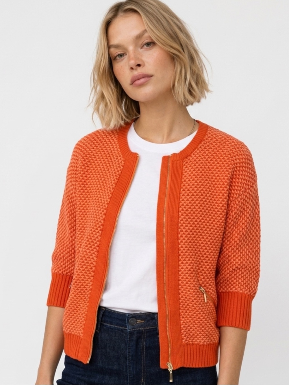 Cabi Grenadine Orange Chunky Knit Cocoon Zip Cardigan XS